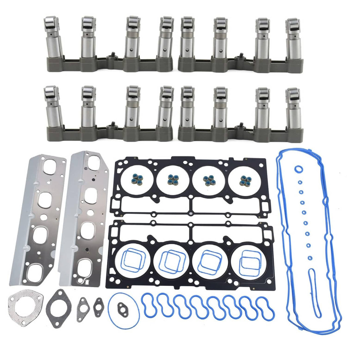 Engine rebuild kit with cylinder head gaskets, seal pieces, and gasket outlines