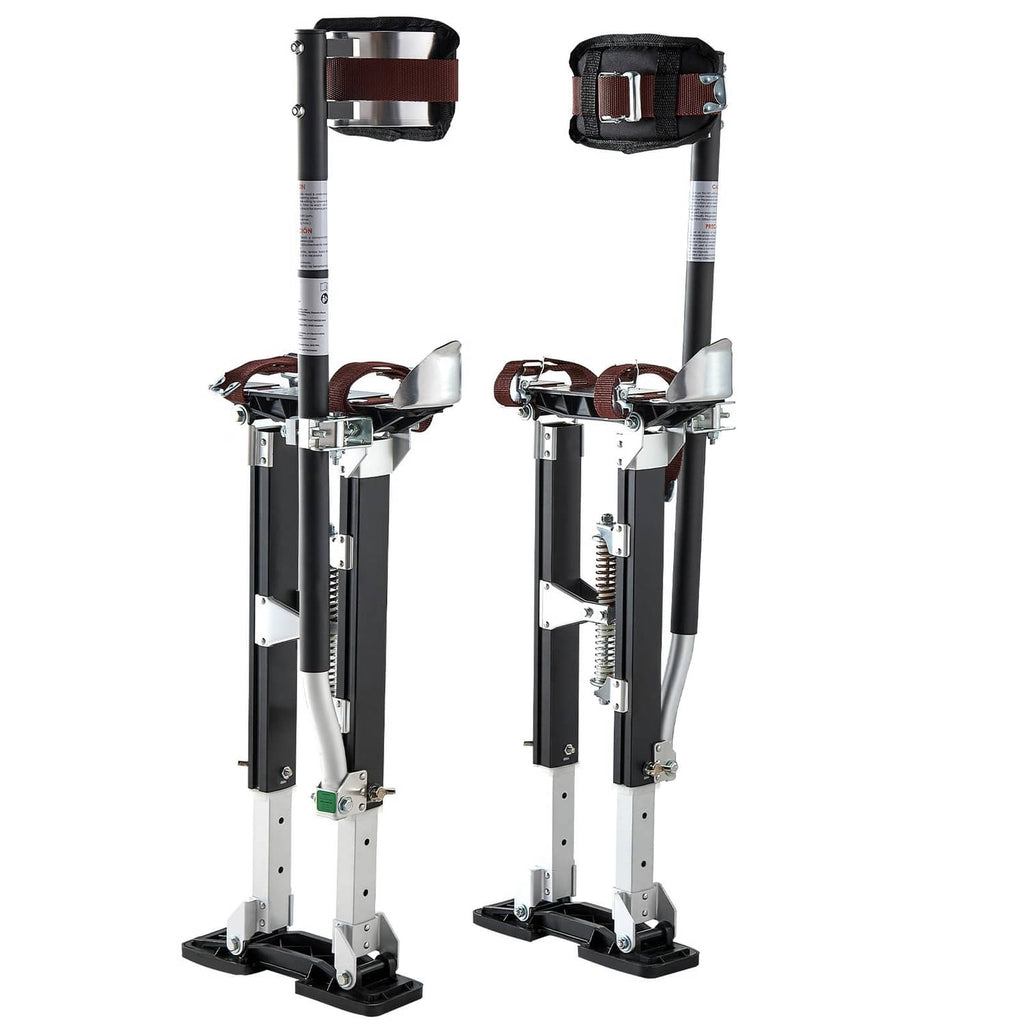 Adjustable drywall stilts with brown top calf band, white rails, and spring-loaded support posts