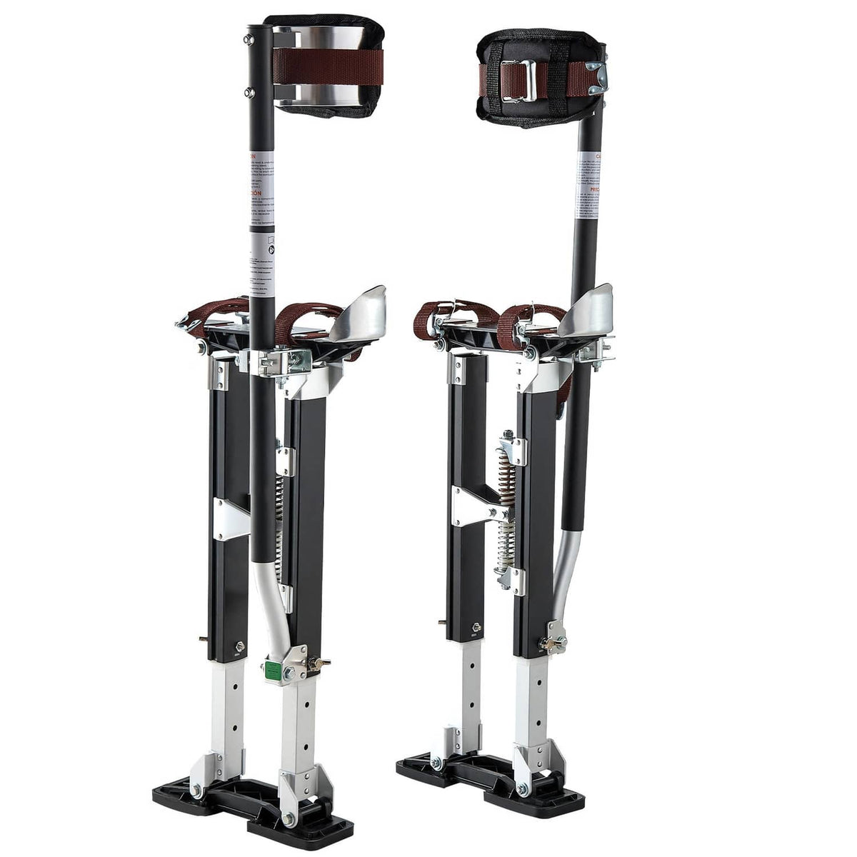 Adjustable drywall stilts with brown top calf band, white rails, and spring-loaded support posts