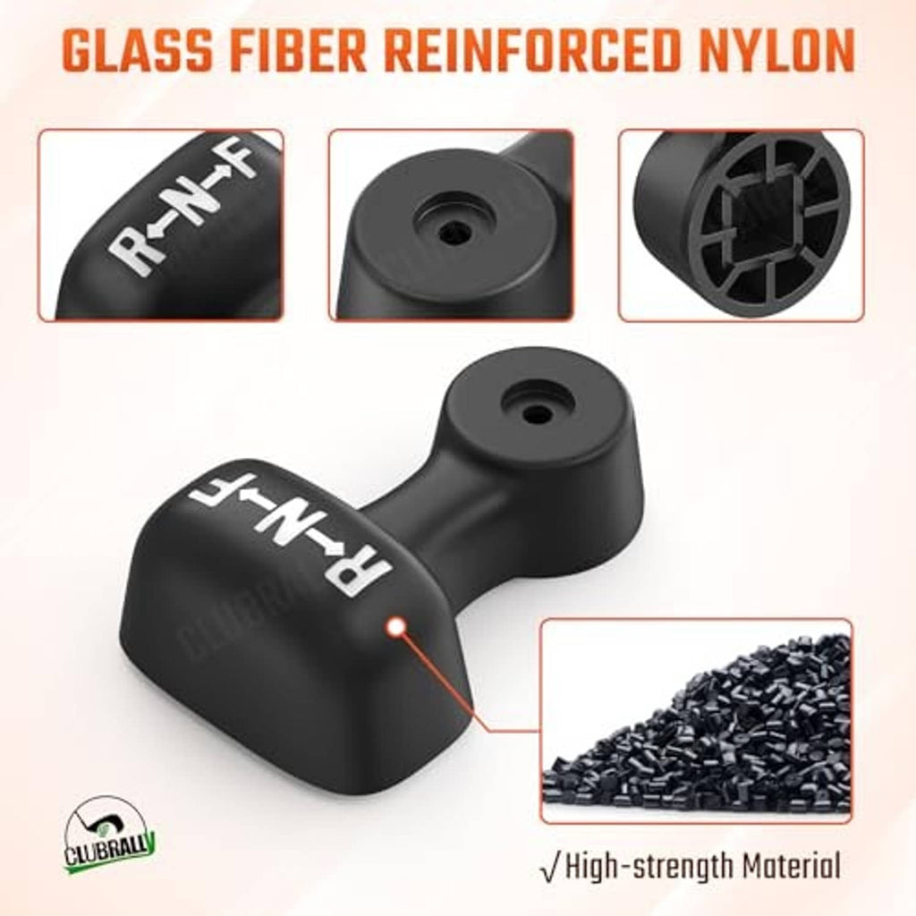 Matte black R-N-F shifter handle with circular mounting hole