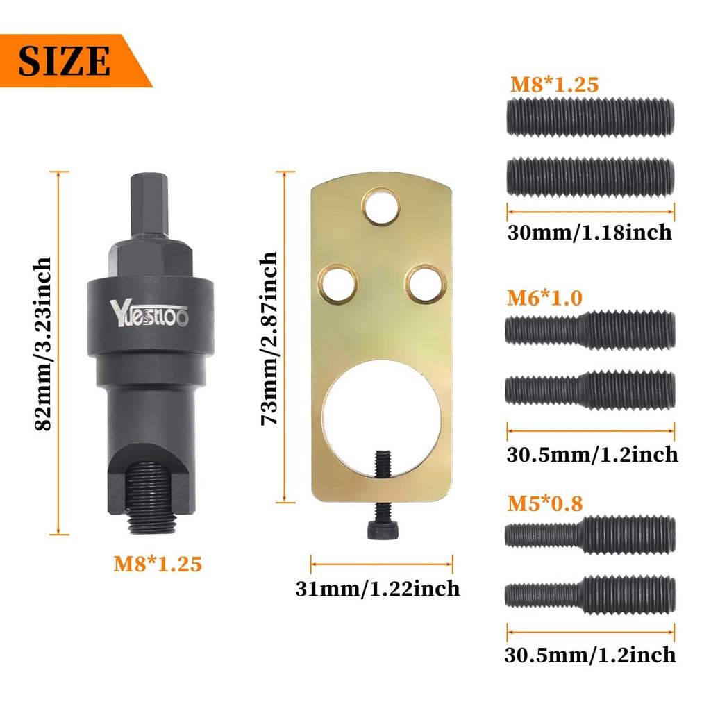 Chain guide rail pin puller tool set with gold plate and threaded bolt sizes
