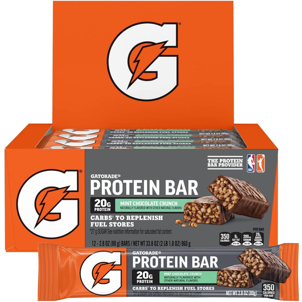 Gatorade whey protein bar multipack box with mint chocolate crunch bars and orange wrappers