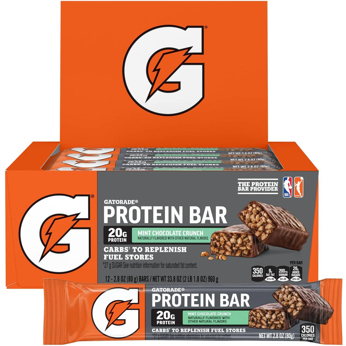 Gatorade whey protein bar multipack box with mint chocolate crunch bars and orange wrappers