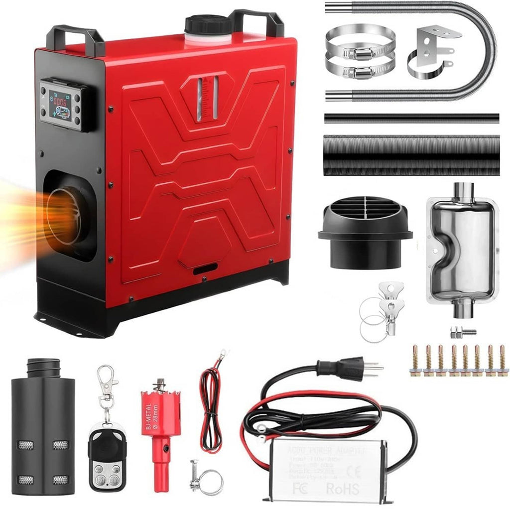 Red diesel air heater unit with control panel, exhaust port, and included accessories