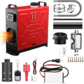 Red diesel air heater unit with control panel, exhaust port, and included accessories