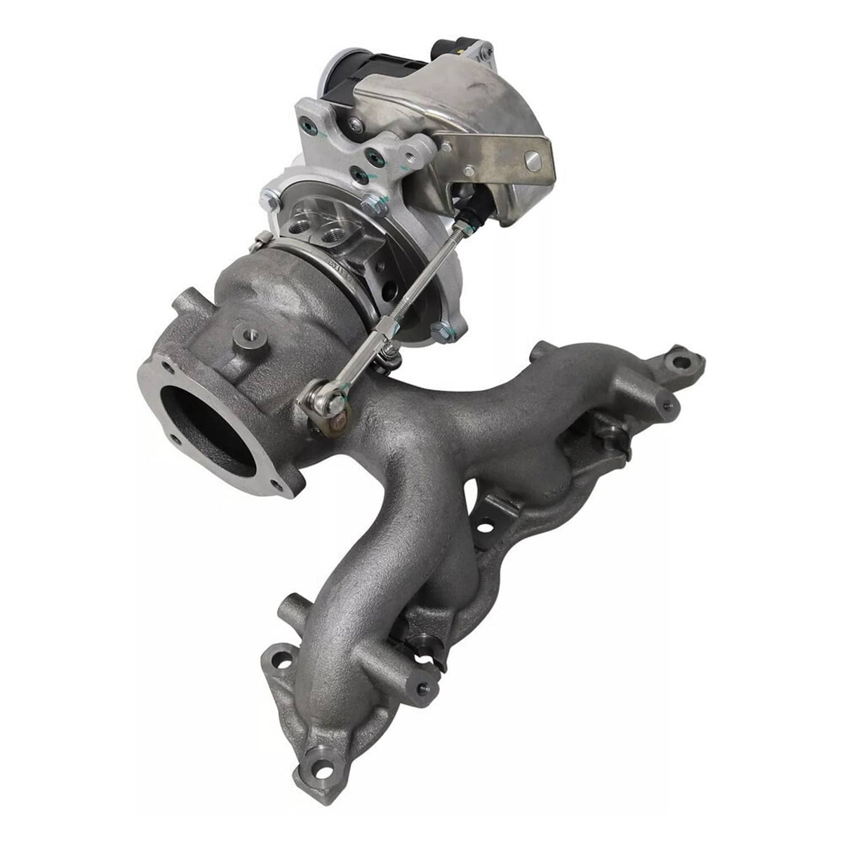 Turbocharger assembly with cast metal inlet and outlet mounting ports