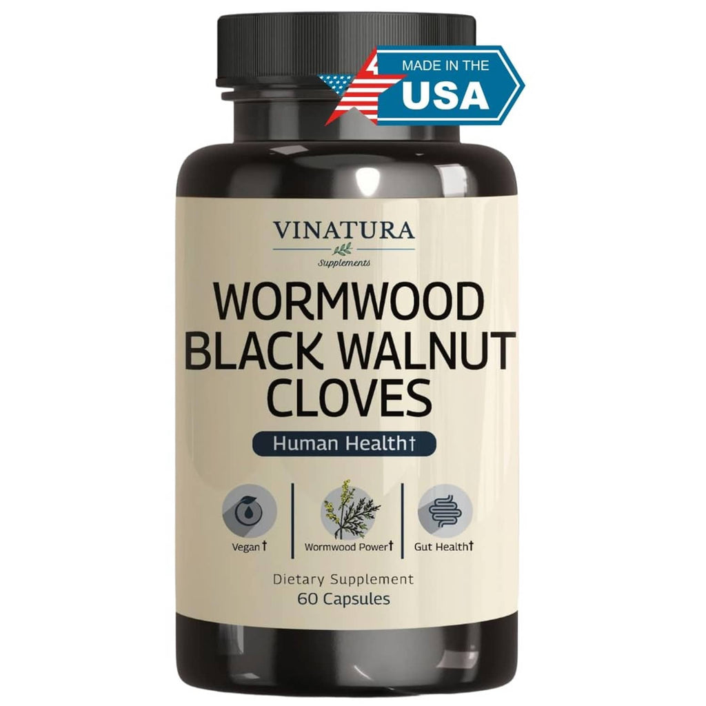VINATURA herbal dietary supplement bottle with wormwood, black walnut, clove label and 60 capsules