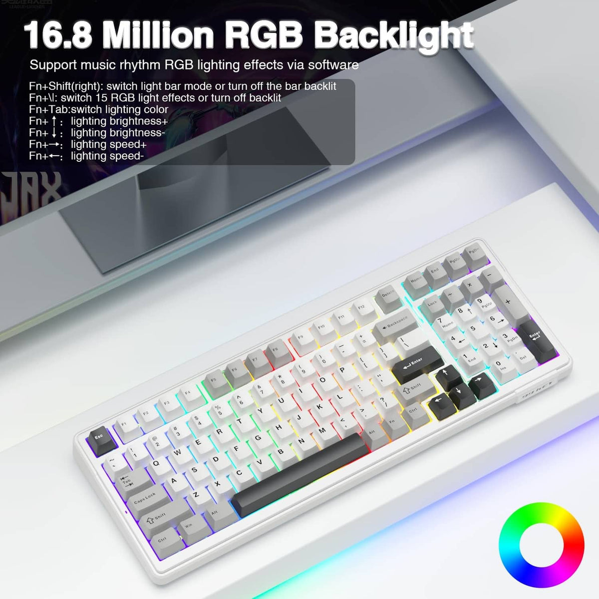 Mechanical keyboard with RGB backlighting, white keys and dark shortcut buttons