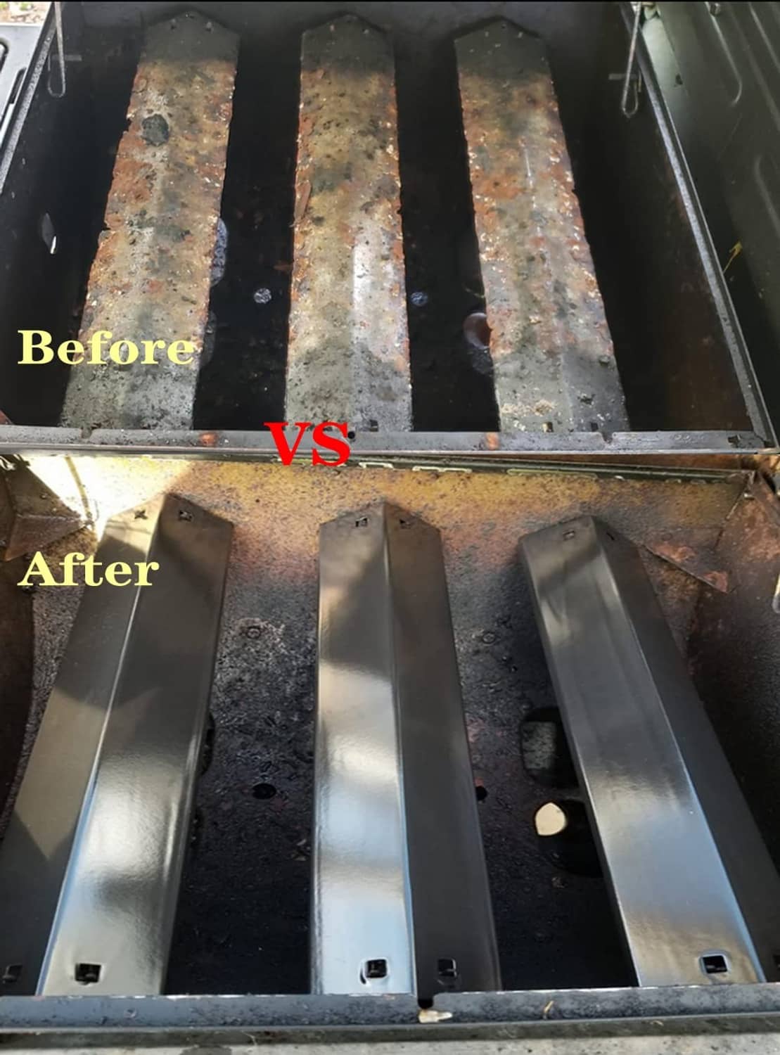 Grill burner area protected with heat shield plates, showing cleaner surface