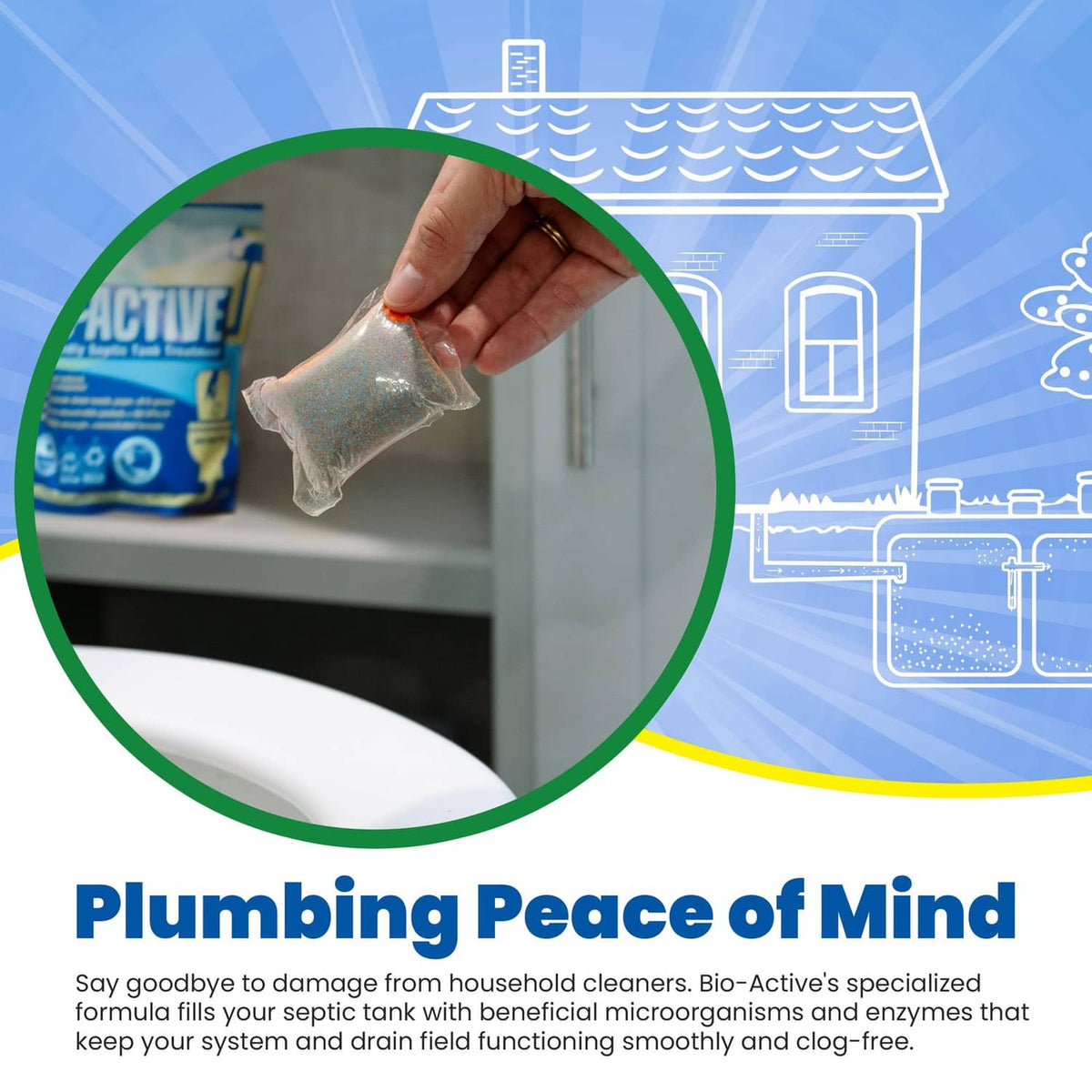 Bio-Active septic tank treatment small packet held above plumbing system graphic