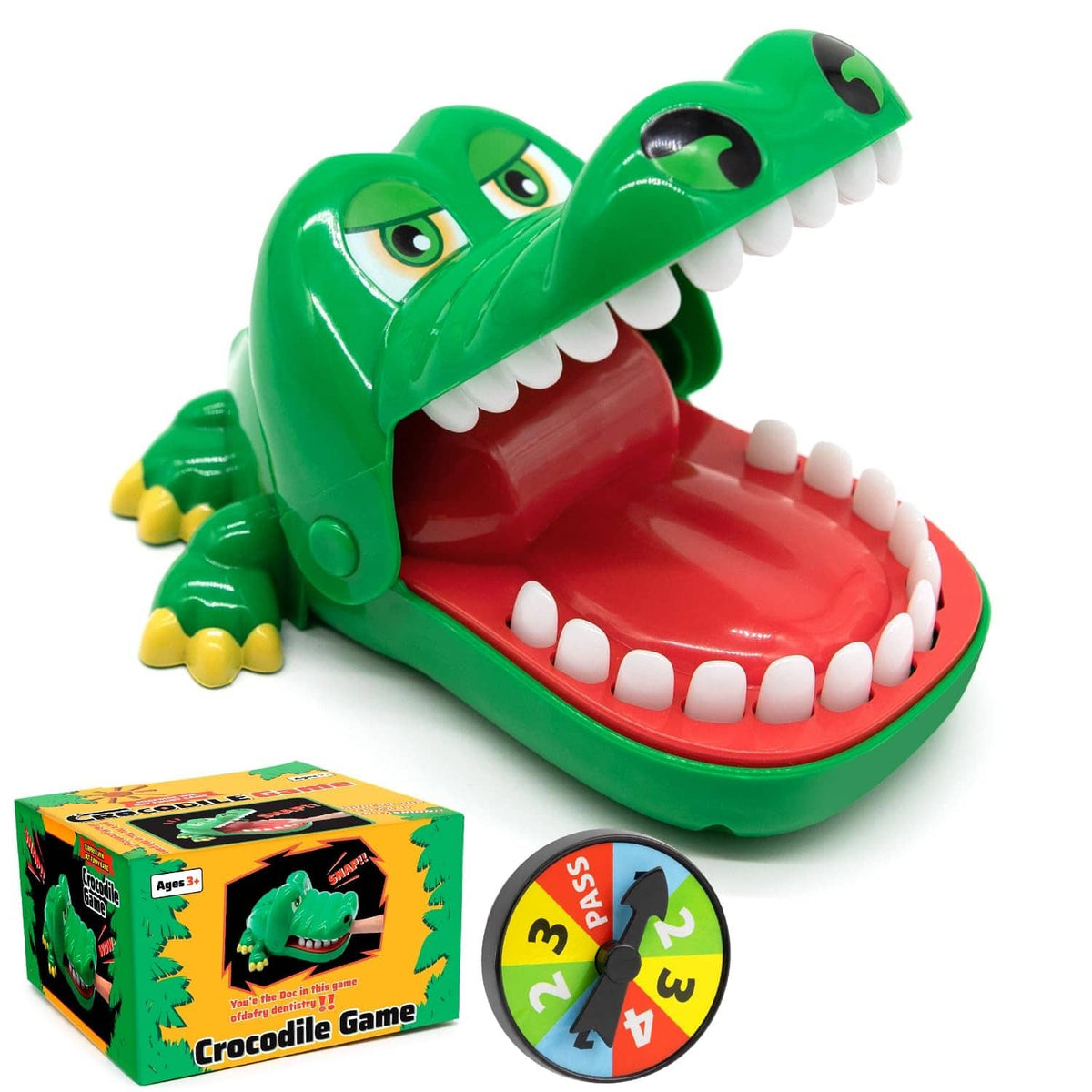 Green crocodile tooth game toy with open jaws, red mouth tray, and white teeth