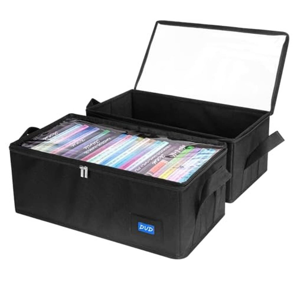 Black fabric DVD storage case with clear lid and side handles, open top