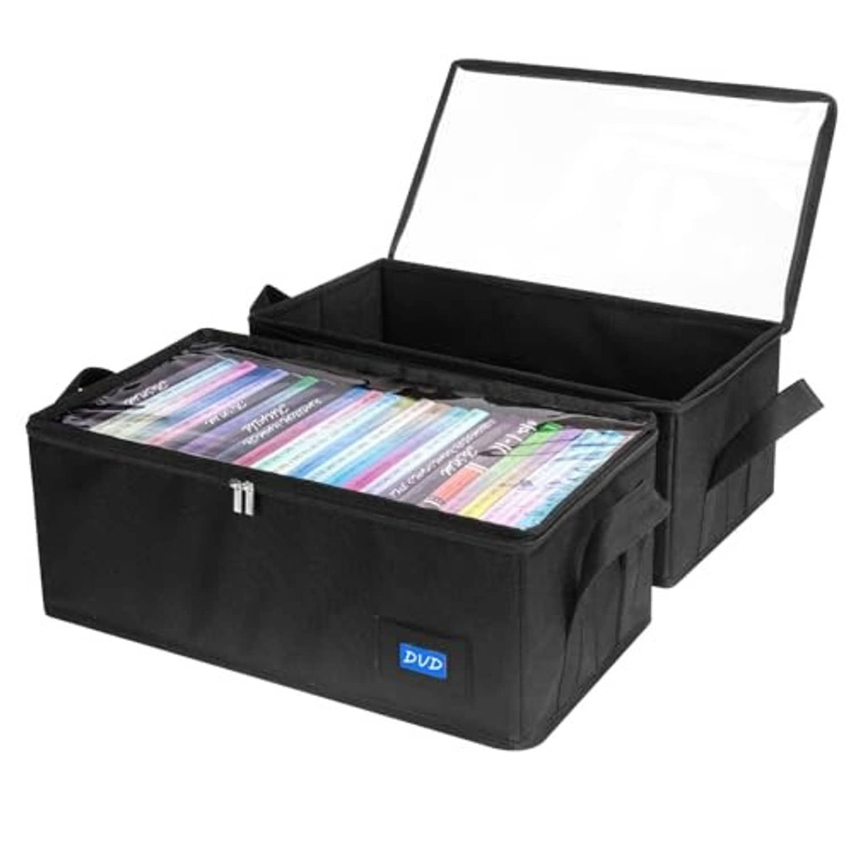 Black fabric DVD storage case with clear lid and side handles, open top