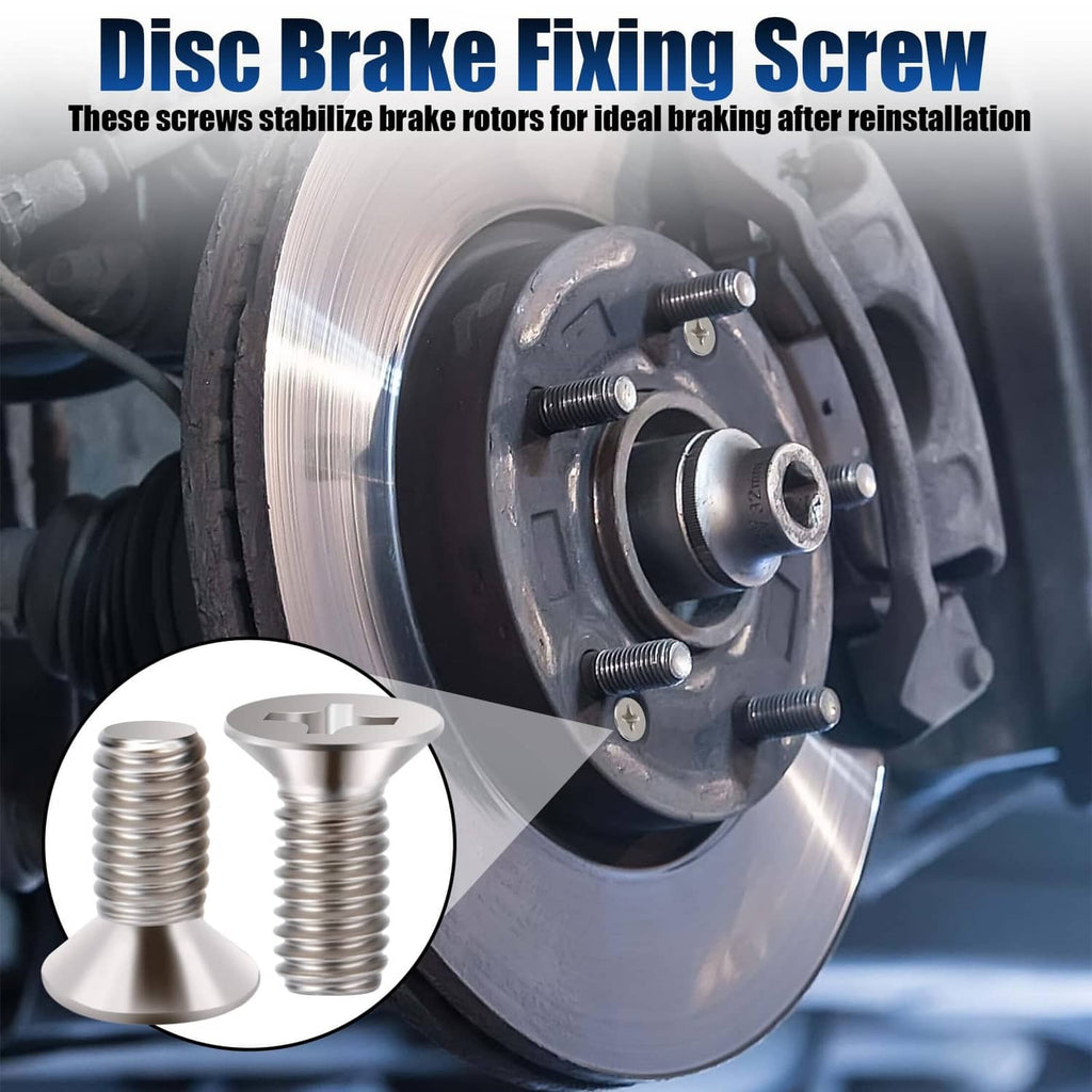 Stainless steel disc brake fixing screws mounted on brake rotor, with close-up inset
