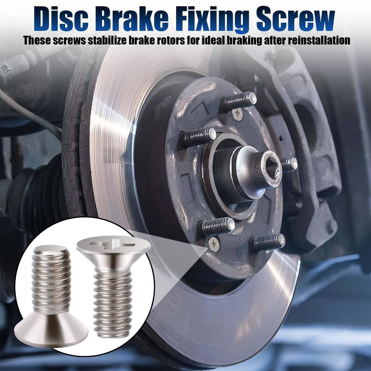 Stainless steel disc brake fixing screws mounted on brake rotor, with close-up inset