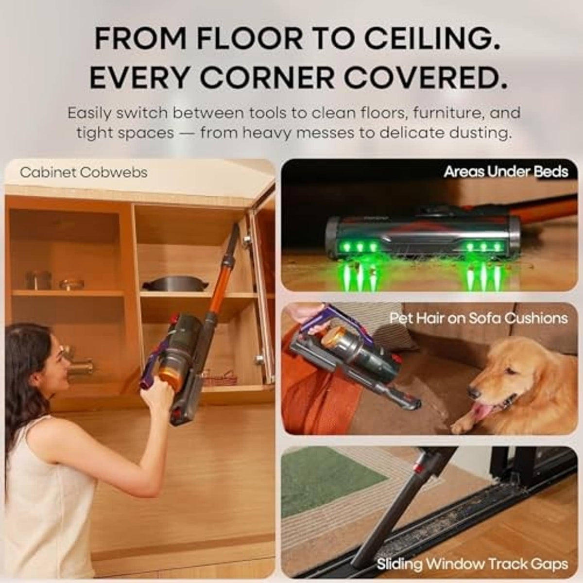 Cordless stick vacuum cleaner with crevice and pet tools for corners and furniture