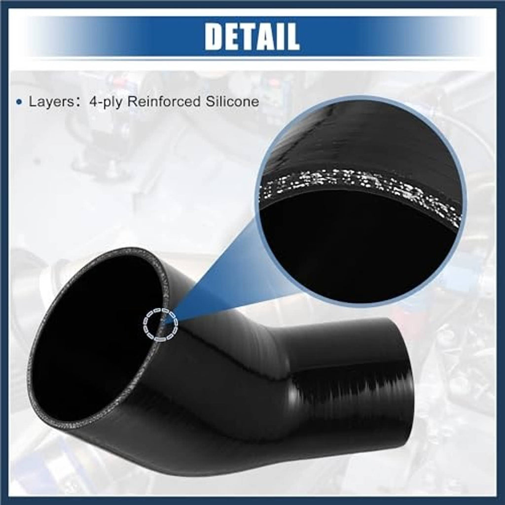 Black 45-degree silicone hose elbow reducer coupler, reinforced layers inner texture detail