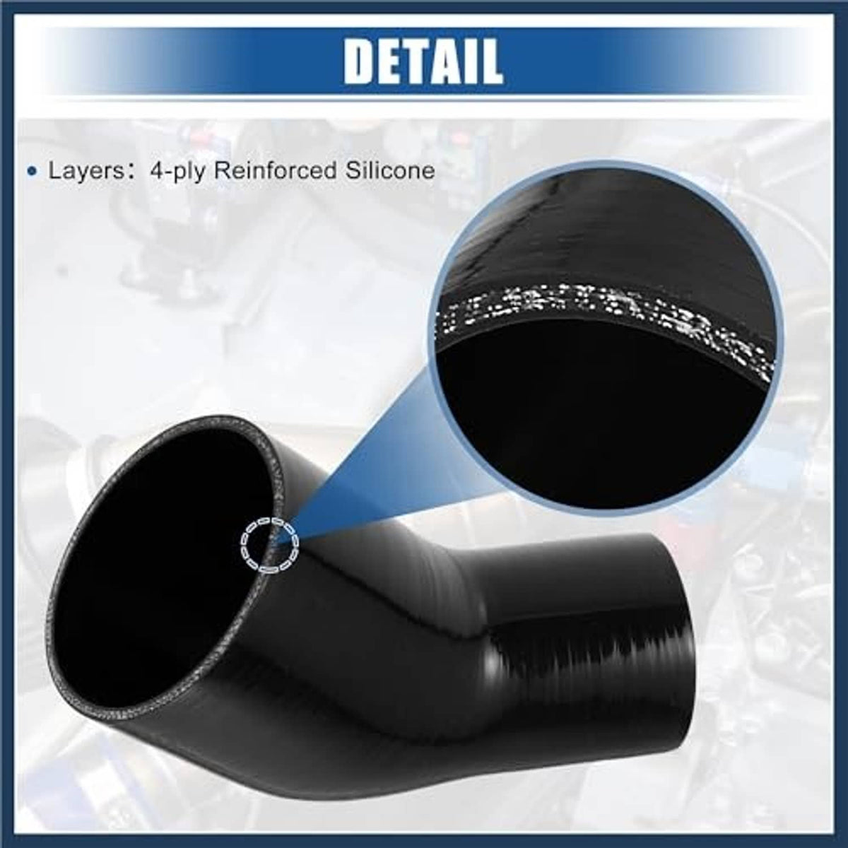 Black 45-degree silicone hose elbow reducer coupler, reinforced layers inner texture detail