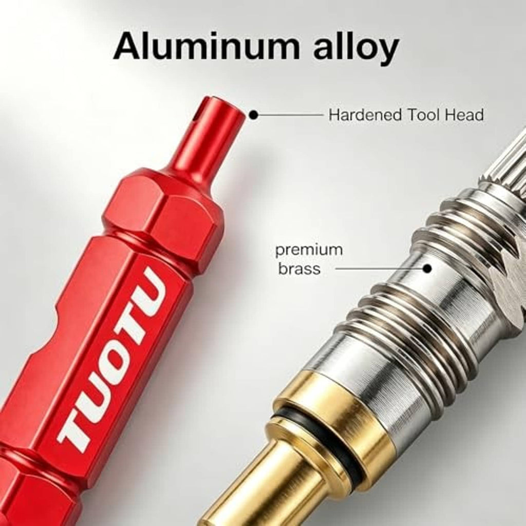 Red aluminum valve core removal tool with hardened metal head