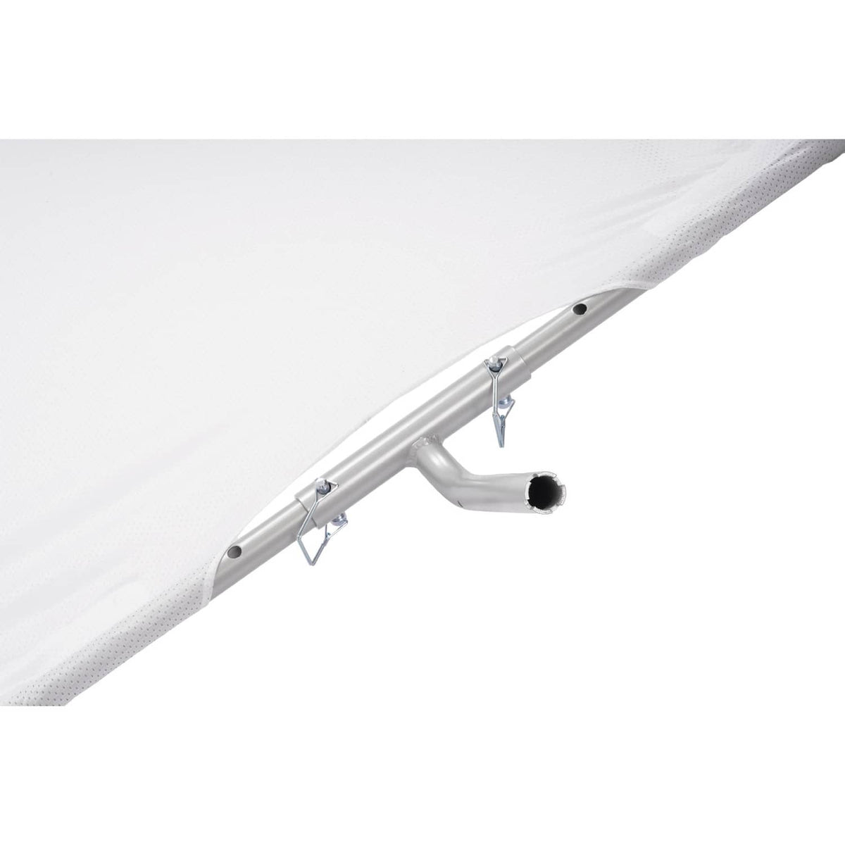 Boat sun shade frame corner with silver pole and metal mounting bracket