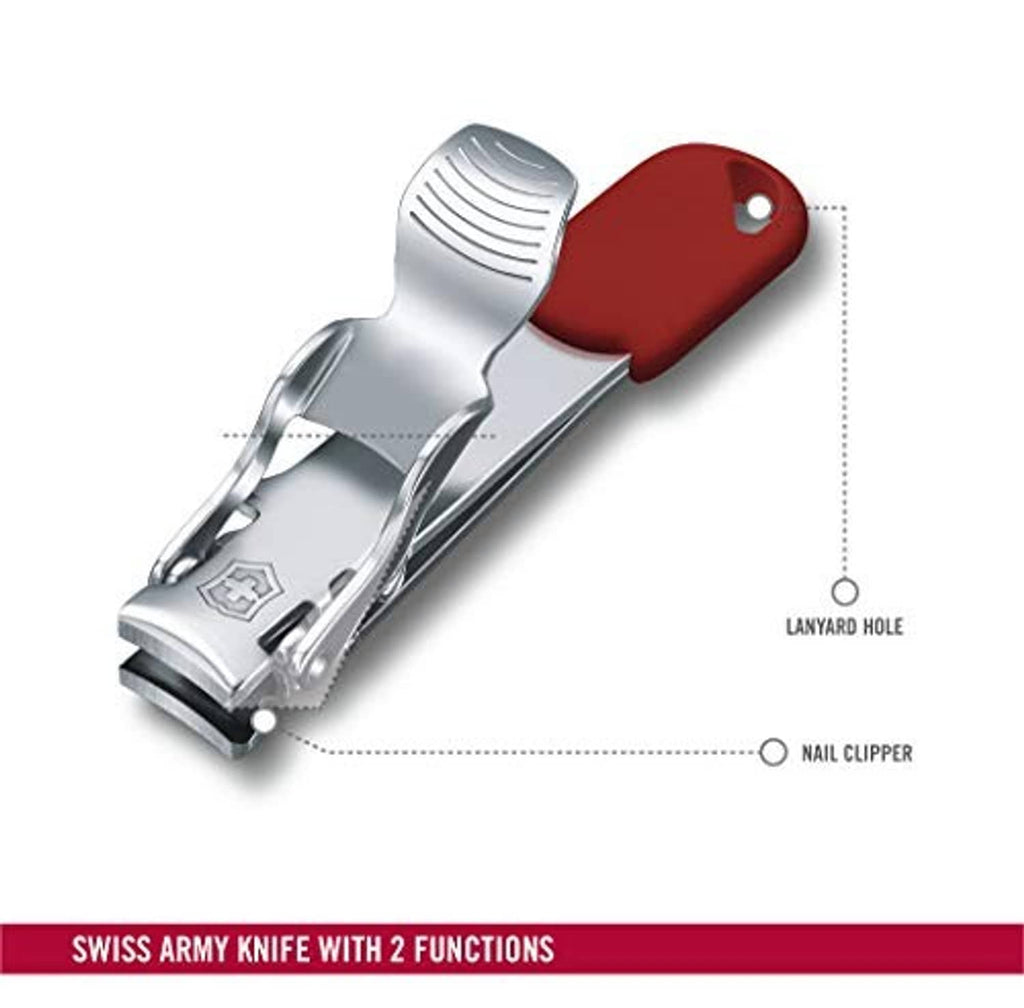 Red-handled nail clipper with lanyard hole, silver clipper head