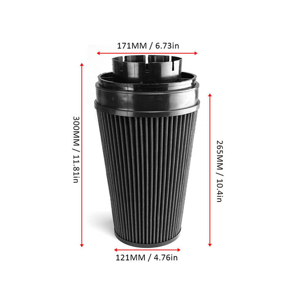 Pleated cone air filter for intake kit with size measurements, black filter element