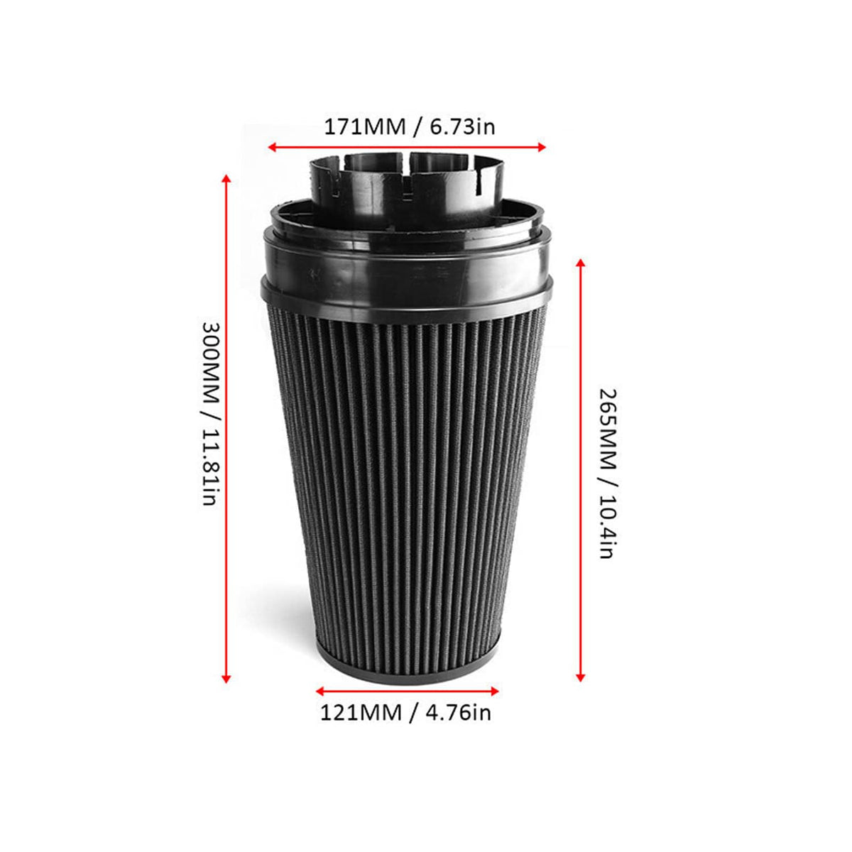 Pleated cone air filter for intake kit with size measurements, black filter element