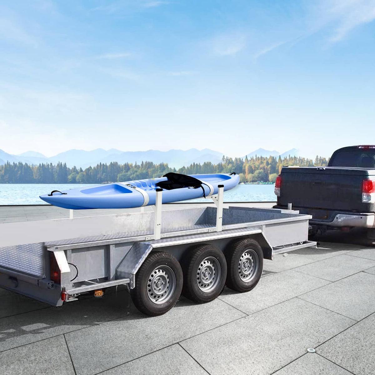 Roof mount ladder rack bracket installed on open utility trailer, white steel with black caps
