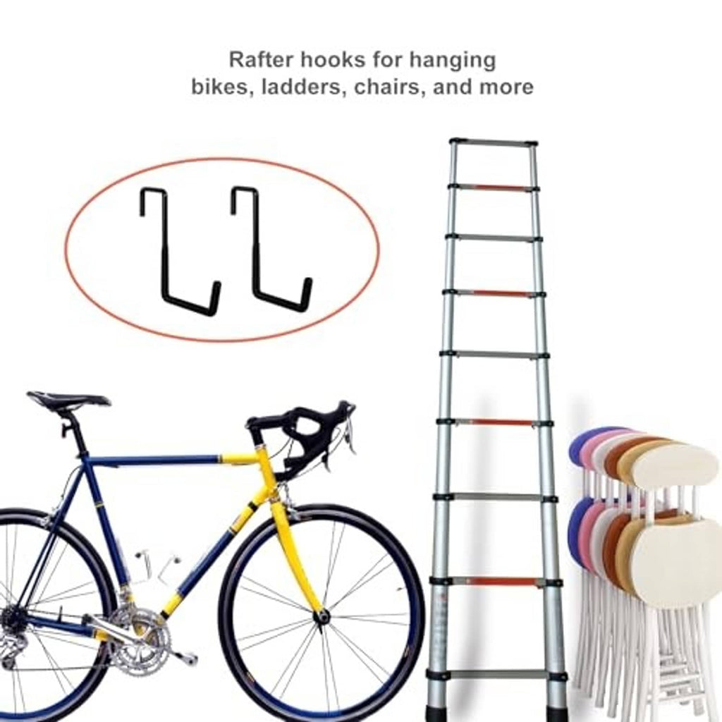 Black fence rafter hooks with dual prongs for hanging bikes, ladders, and chairs