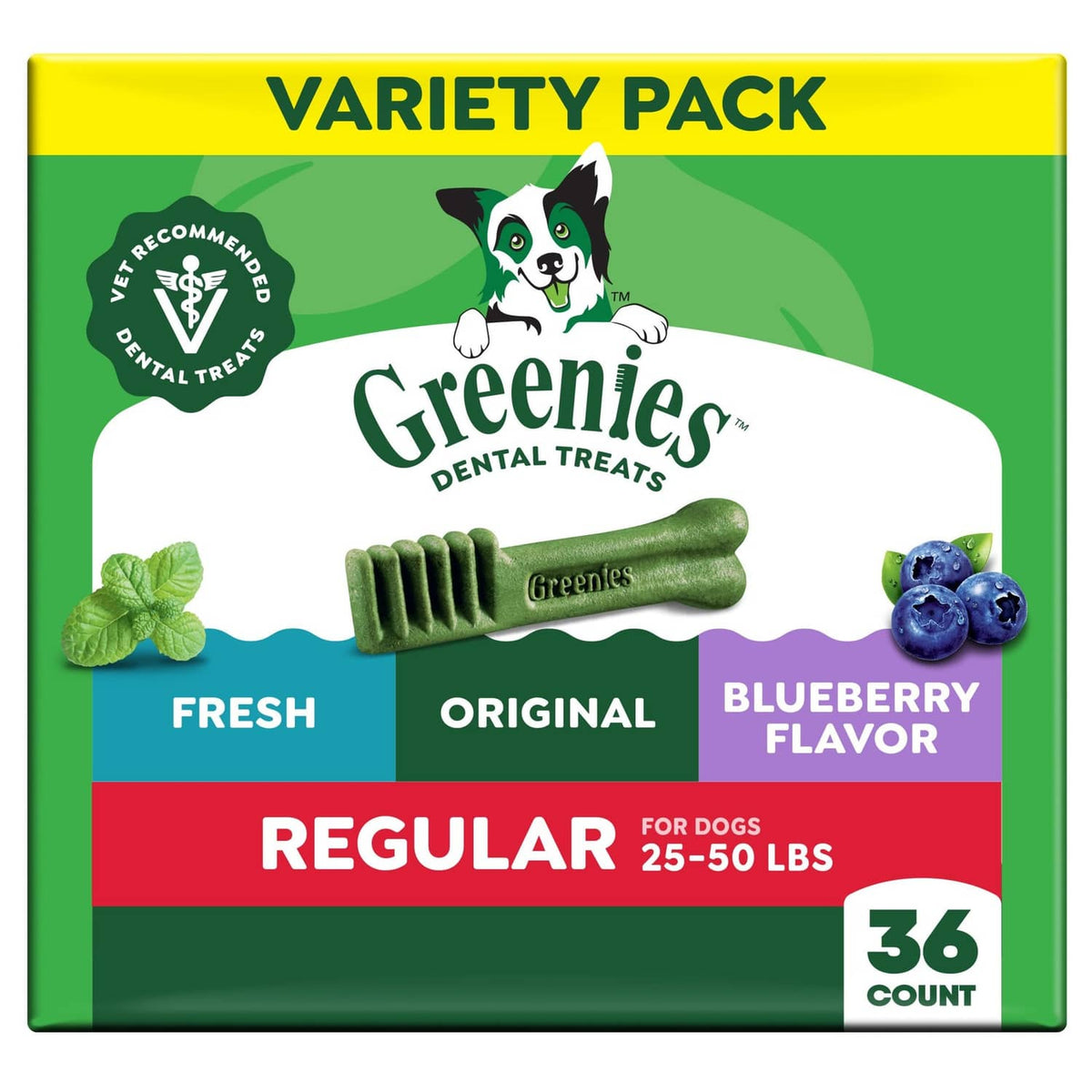 Greenies dental treat variety pack box with green, original, and blueberry flavors