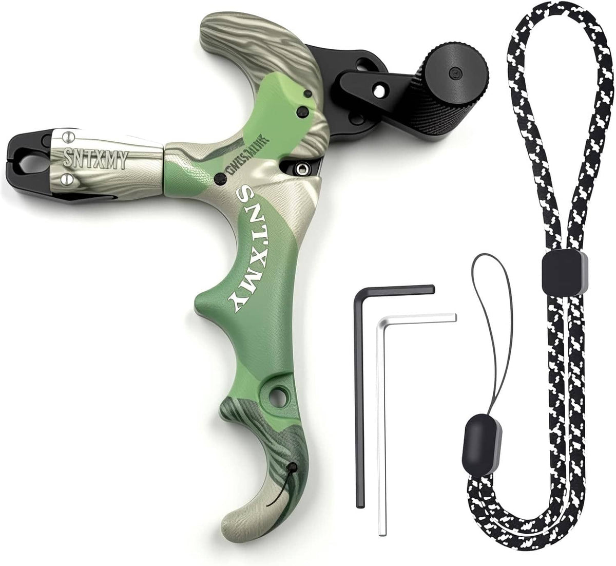 Green archery release trigger for compound bow with lanyard strap and hex tools