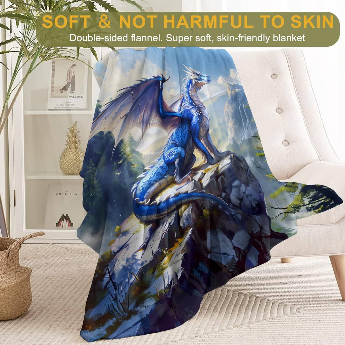 Blue flannel blanket draped on sofa, featuring blue dragon and mountain landscape graphic