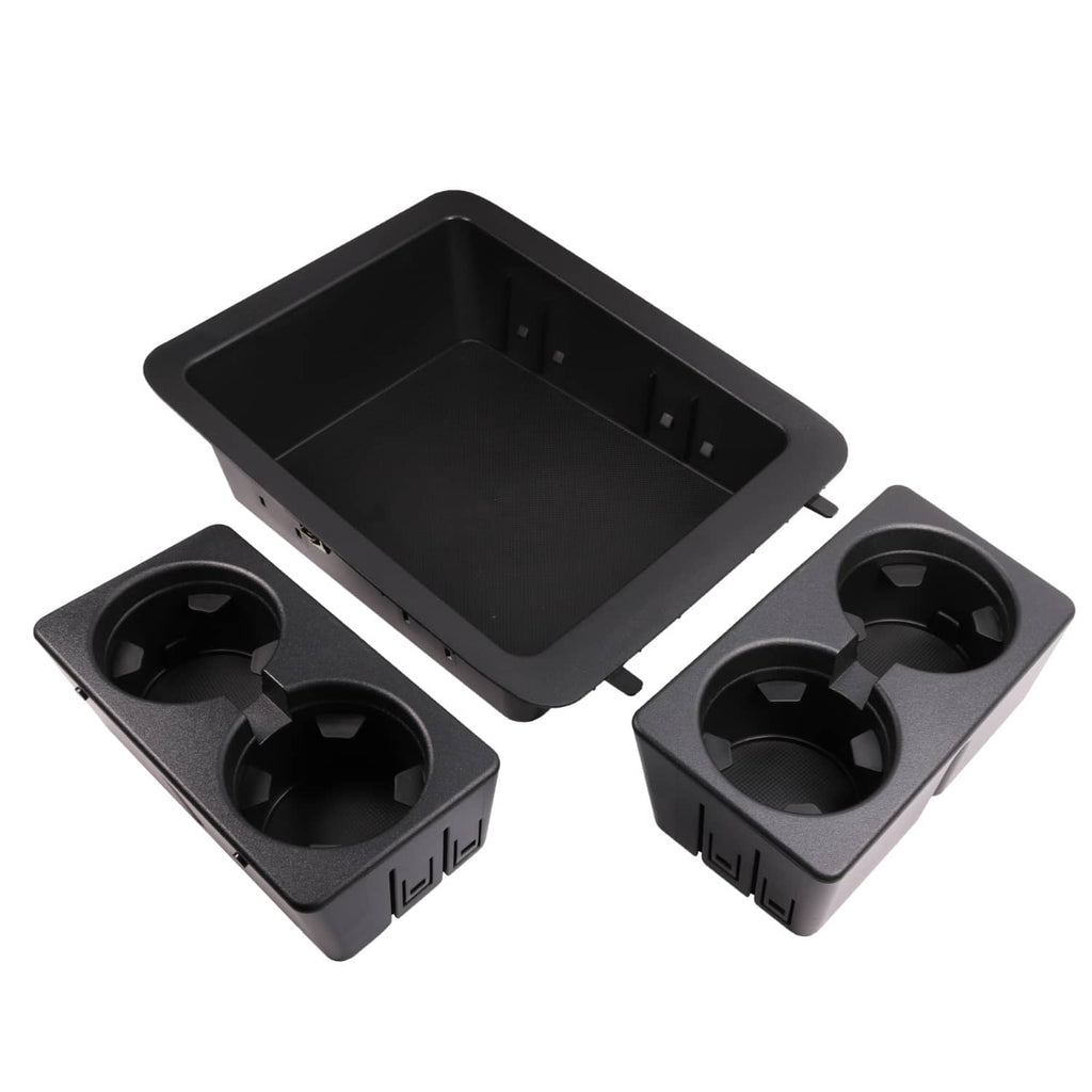 Center console tray with two side cup holder modules and four cup openings