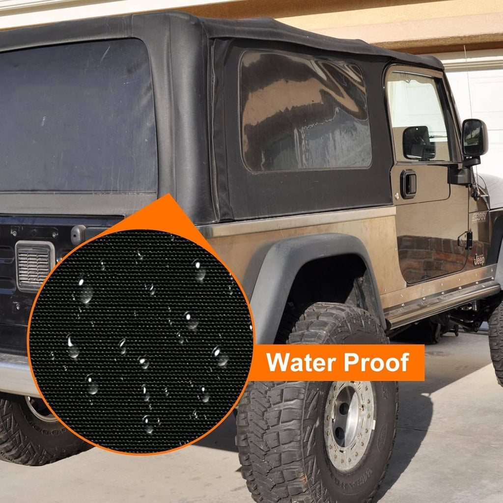 Jeep Wrangler TJ soft top with waterproof rear panel texture on dark gray fabric