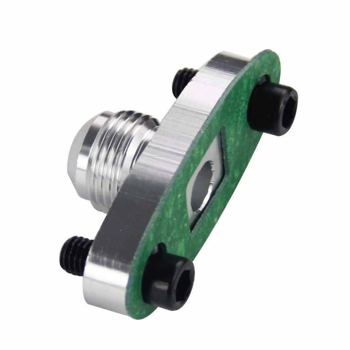 Turbo oil drain outlet flange adapter with green gasket and two black bolt heads