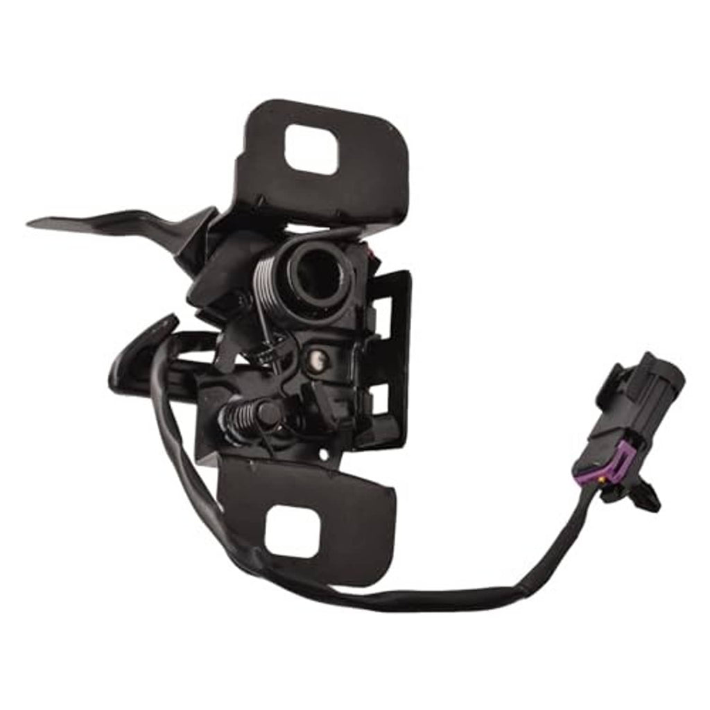 Black hood latch mechanism with mounting brackets and electrical connector