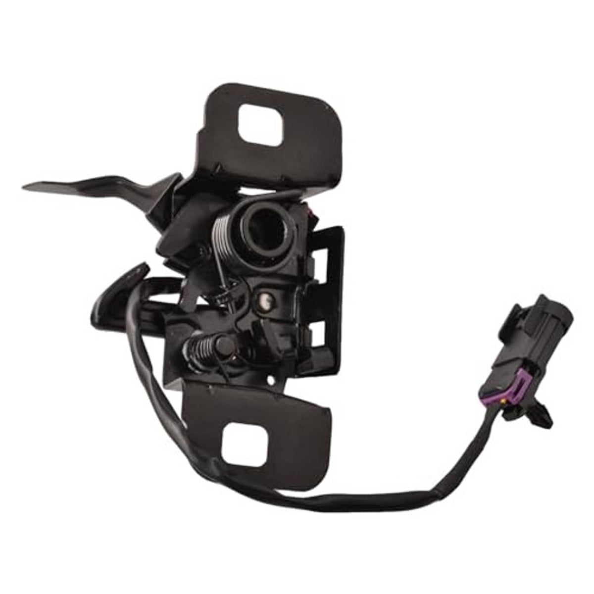 Black hood latch mechanism with mounting brackets and electrical connector