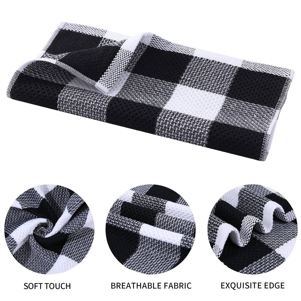 Black and white check waffle weave dish towels, folded and rolled pattern