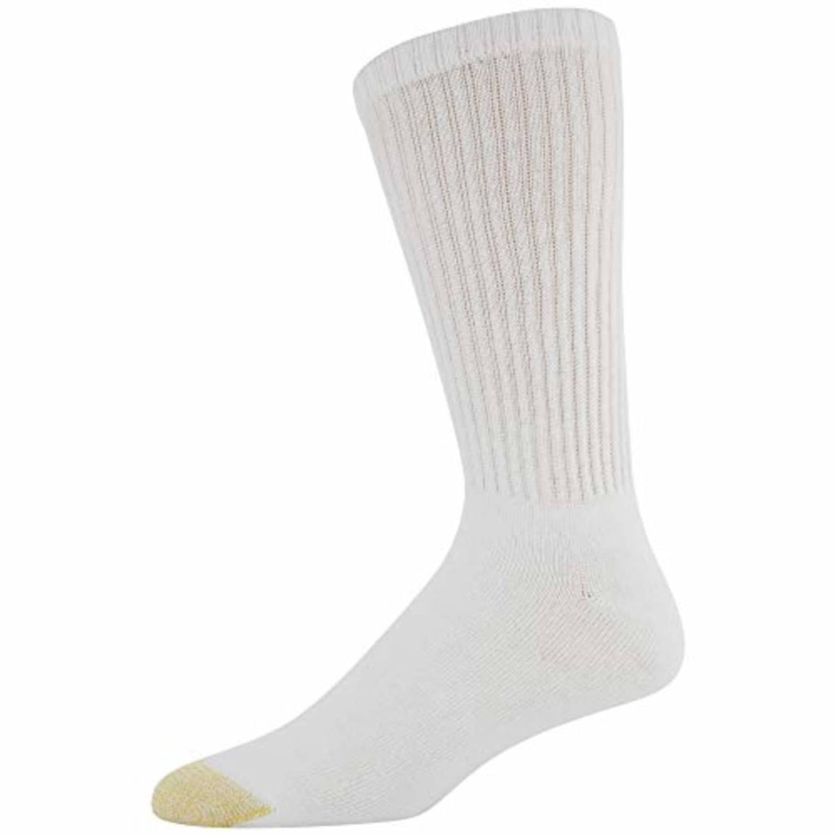 White crew sock with ribbed leg and yellow toe, side view
