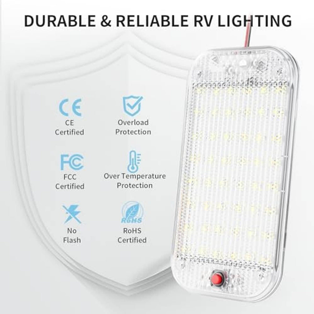 Clear RV dome light with red switch and red/black leads on the side