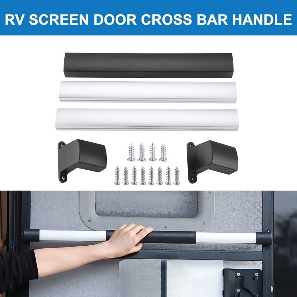 RV screen door cross bar handle set with rails, brackets, and installation screws
