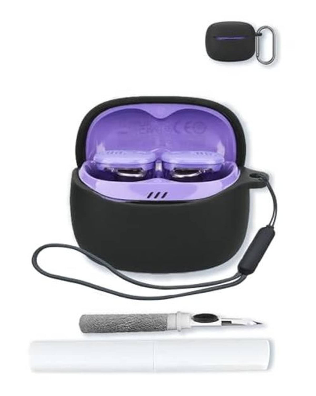Soft black earbud charging case with purple insert, earbuds inside, lanyard