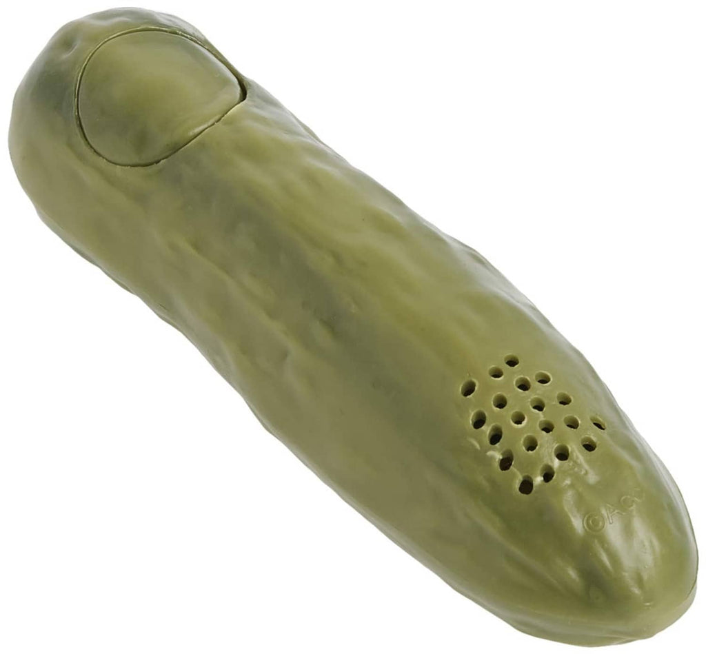 Green pickle-shaped electronic toy with round top button and speaker grille