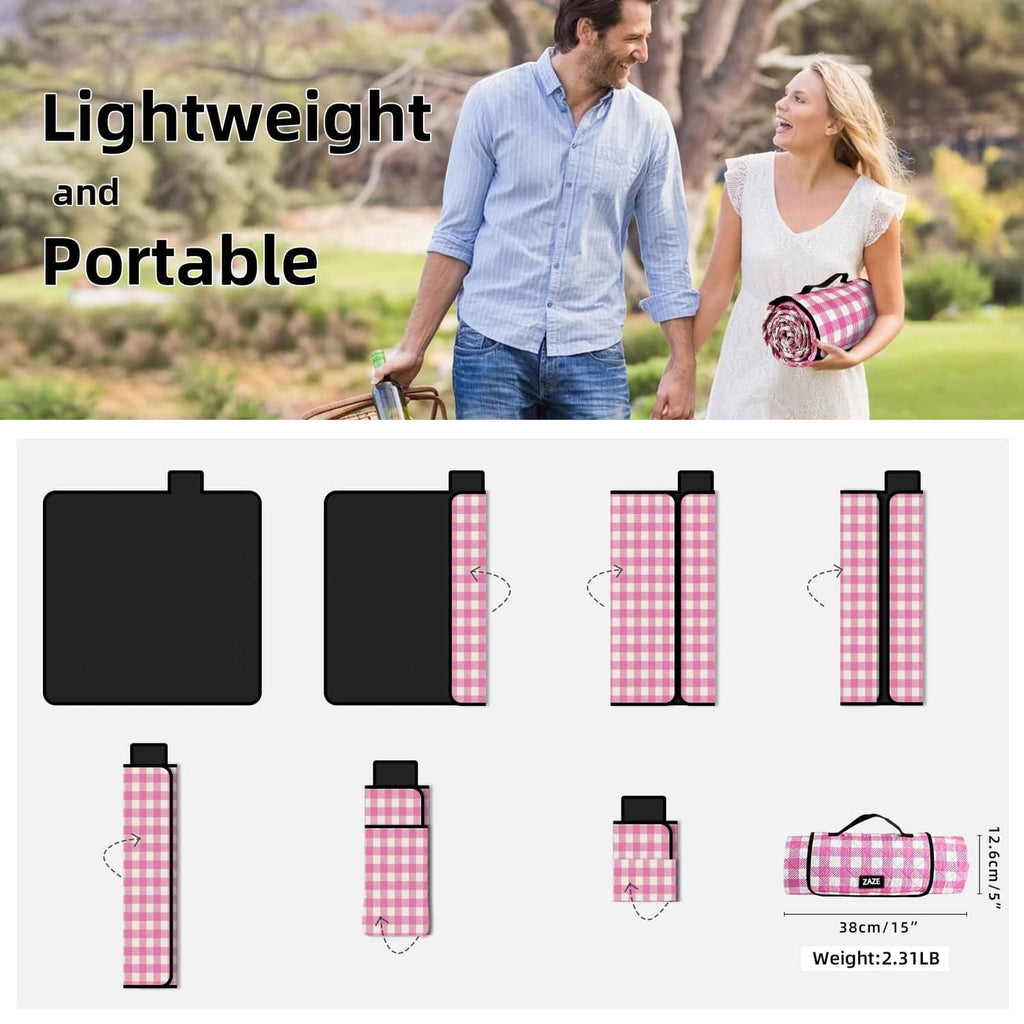 Lightweight portable picnic blanket in pink check, shown folded and rolled