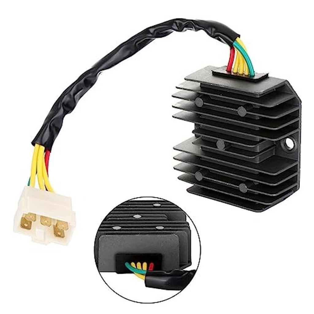 Voltage regulator rectifier relay with wiring harness and finned black heat sink