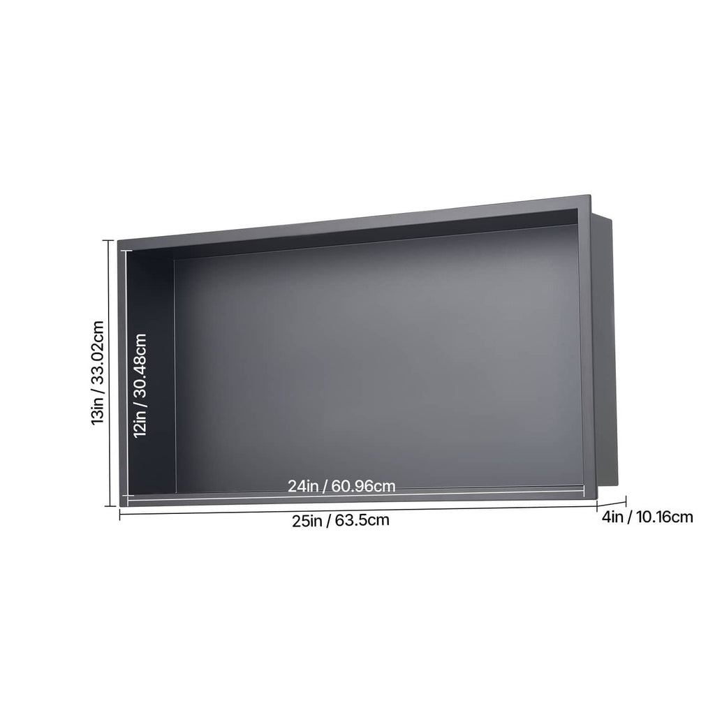 Recessed shower niche wall shelf dimension diagram showing 25 in width and 4 in depth