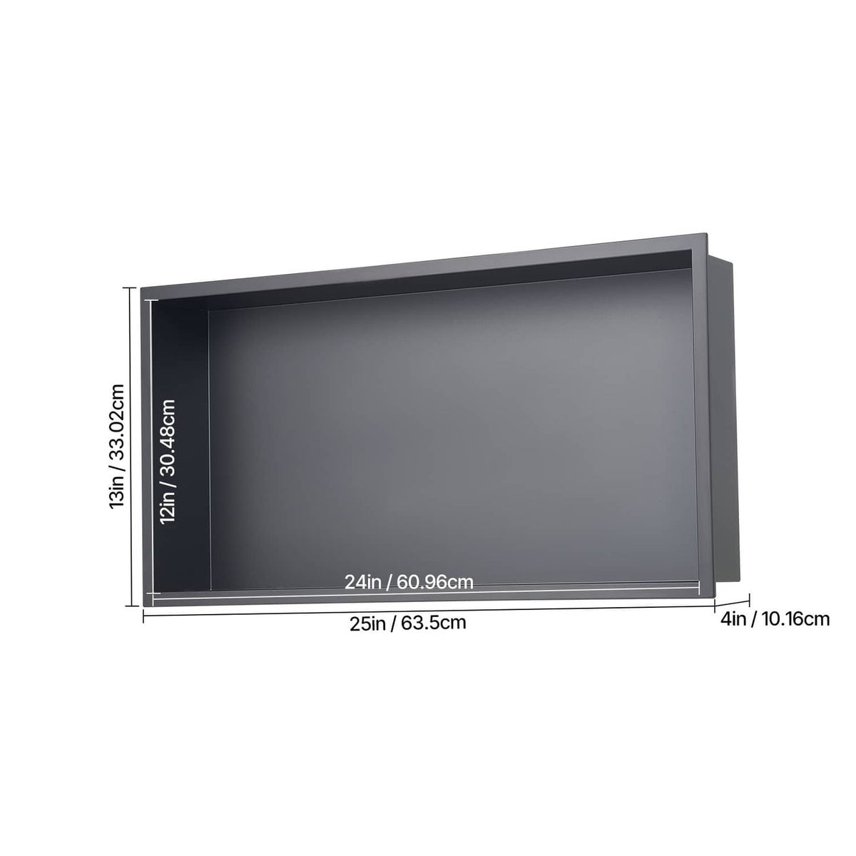 Recessed shower niche wall shelf dimension diagram showing 25 in width and 4 in depth