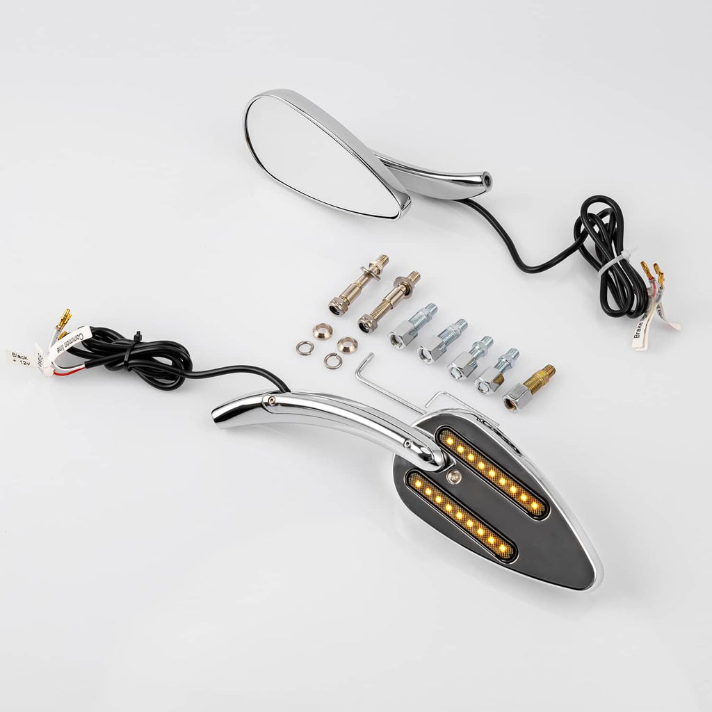 Pair of chrome motorcycle side mirrors with amber LED signals, hardware and wiring