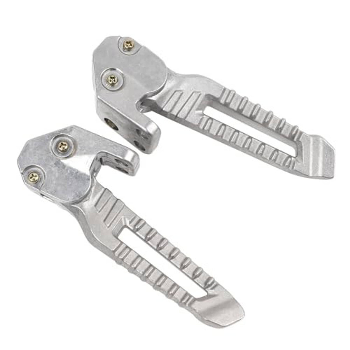Silver folding motorcycle footpegs with ridged steps and two-screw mounting base