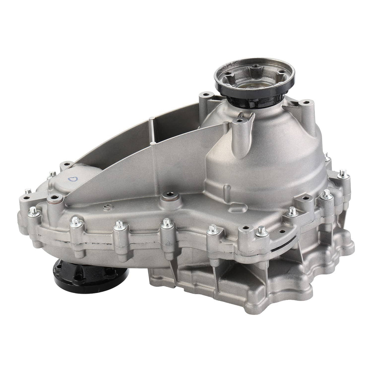 Transfer case assembly, silver aluminum casing with large circular top opening